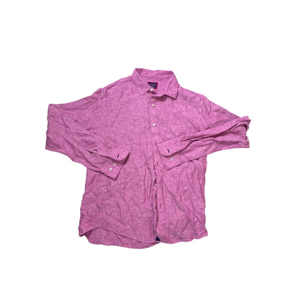 Untuckit Men’s Medium Linen Long Sleeve Shirt Red Pink Casual Button Up